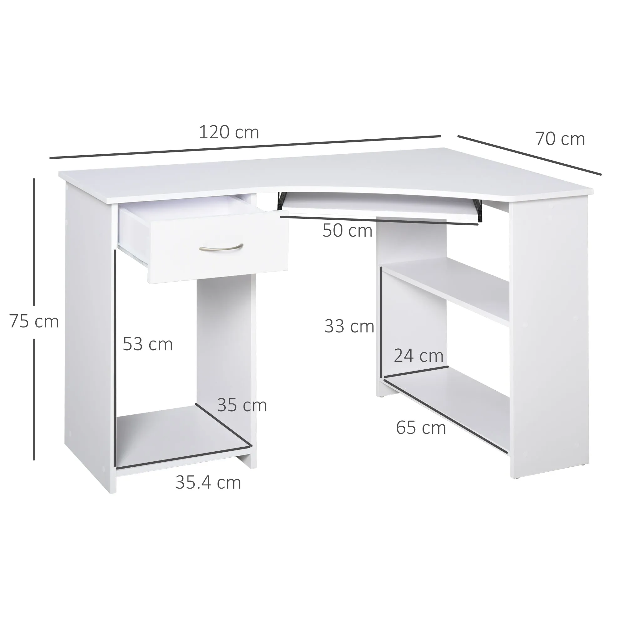 L-Shaped Corner Computer Desk w/ 2 Shelves Wide Worktop Keyboard Tray Drawer & CPU Stand Home Office Study Bedroom Furniture White