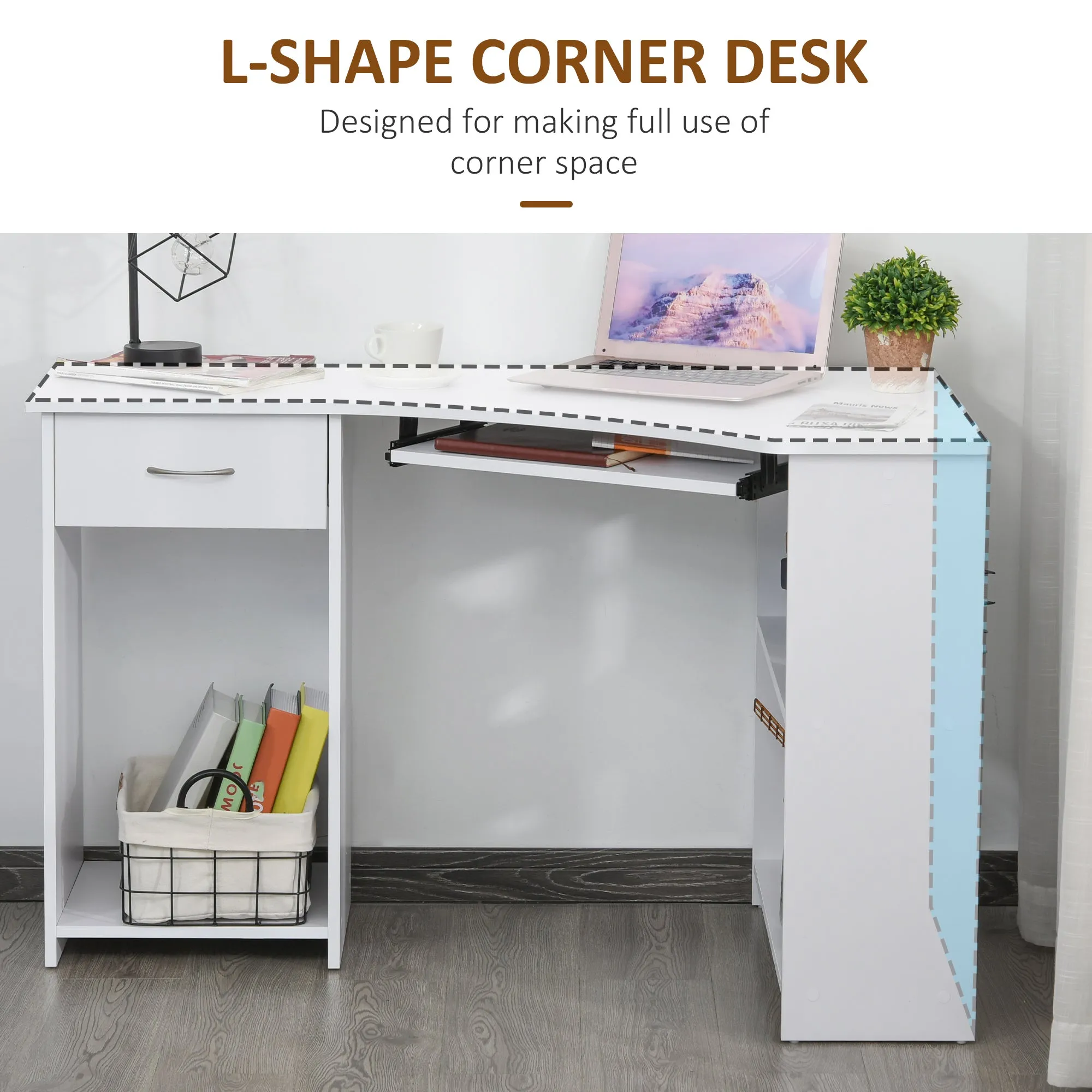 L-Shaped Corner Computer Desk w/ 2 Shelves Wide Worktop Keyboard Tray Drawer & CPU Stand Home Office Study Bedroom Furniture White