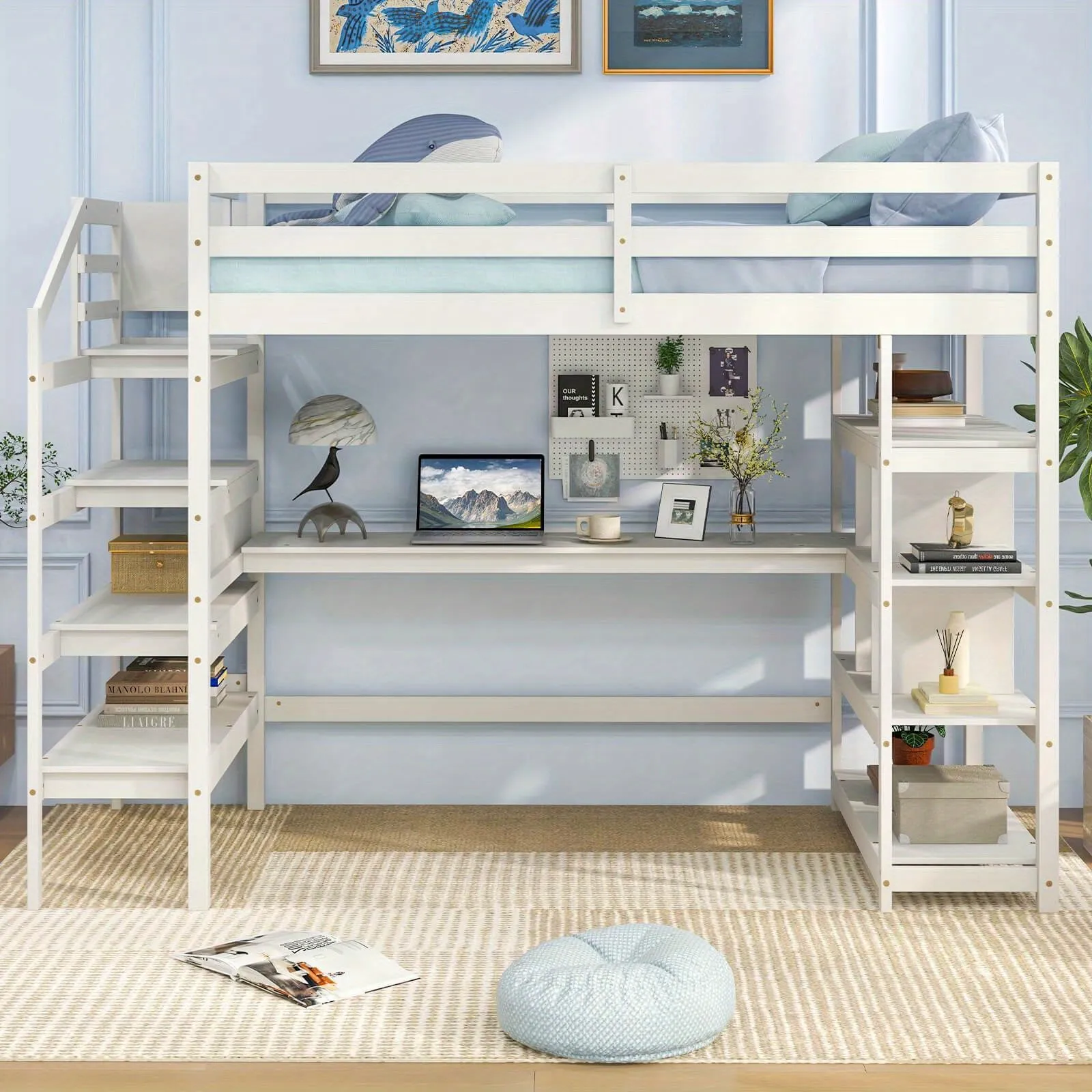 Loft Bed with Desk Shelves and Storage Stairs