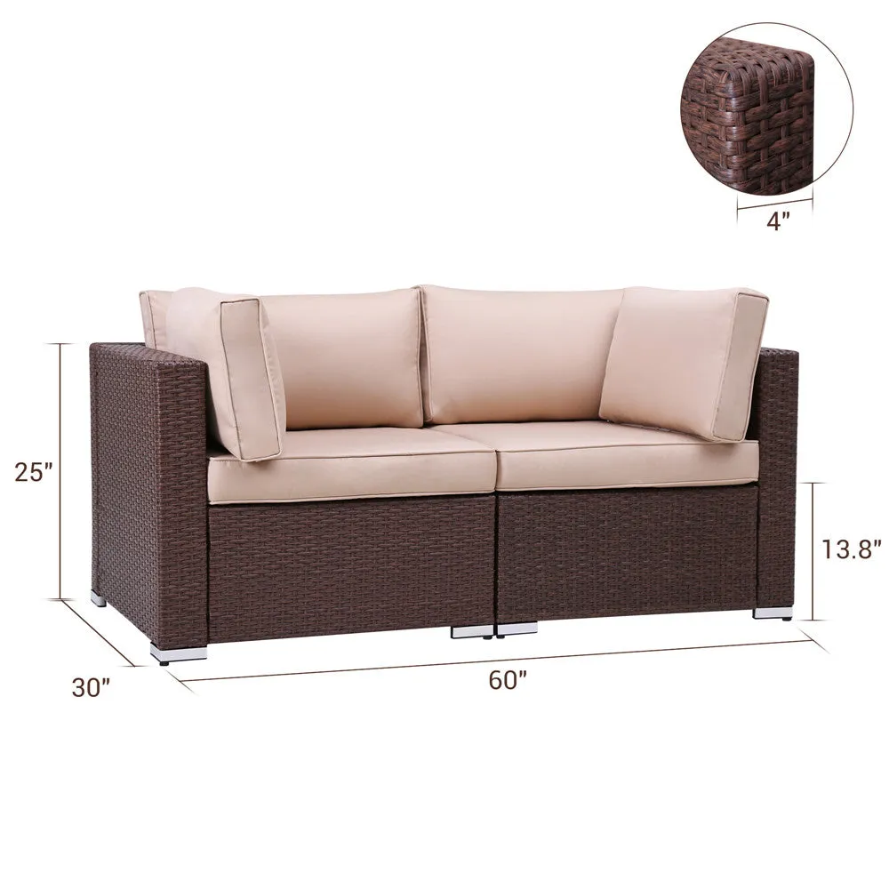 Loveseats Outdoor All Weather Rattan Wicker Corner Sofa, Beige Cushions