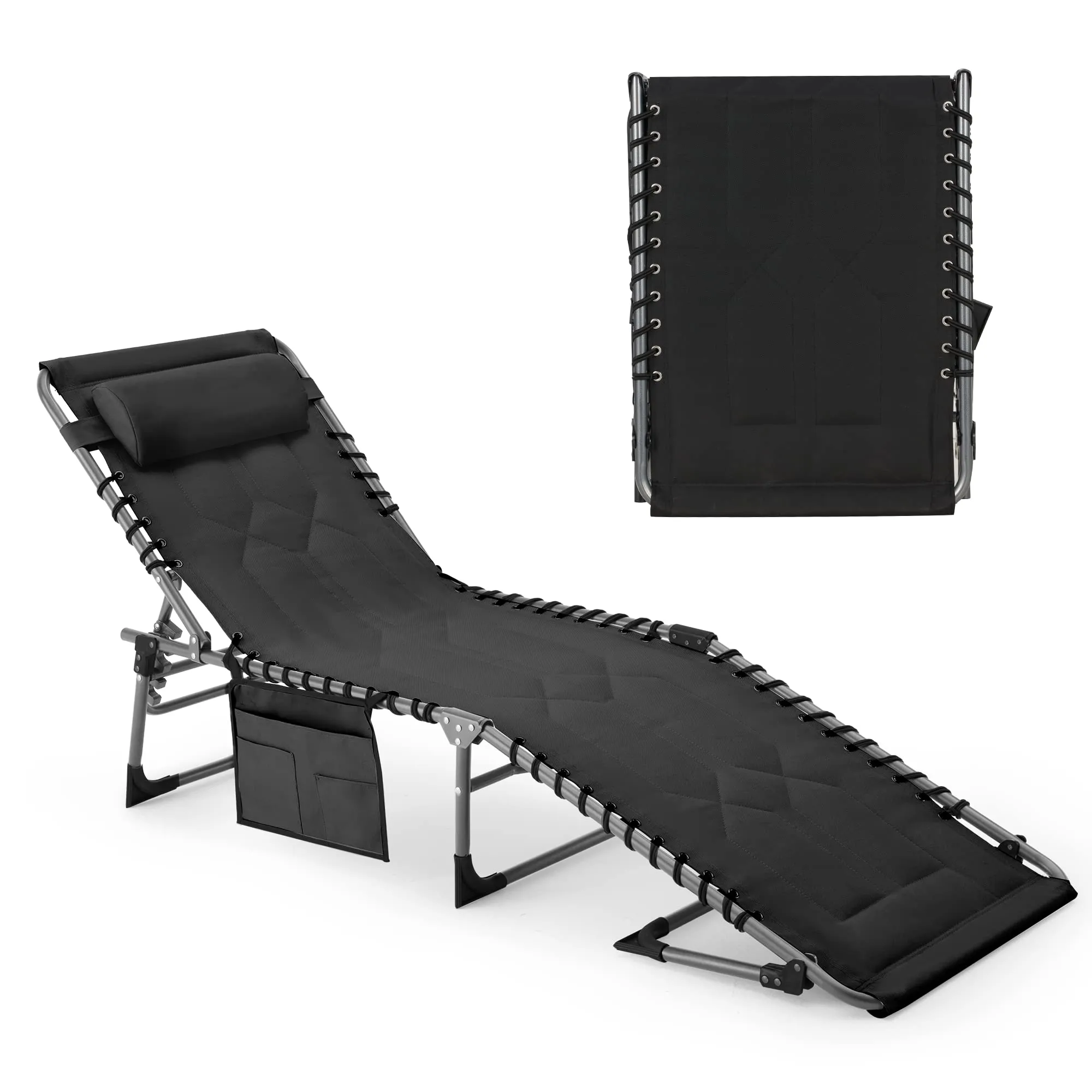 Patio Folding Chaise Lounge Chair Portable Outdoor Chair with Detachable Pocket and Pillow（Black）