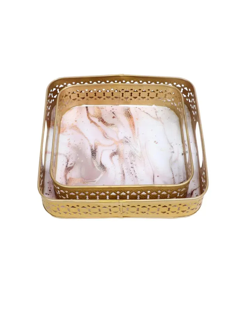 Pink & Gold Wavy Design Metal Tray | Set of 2