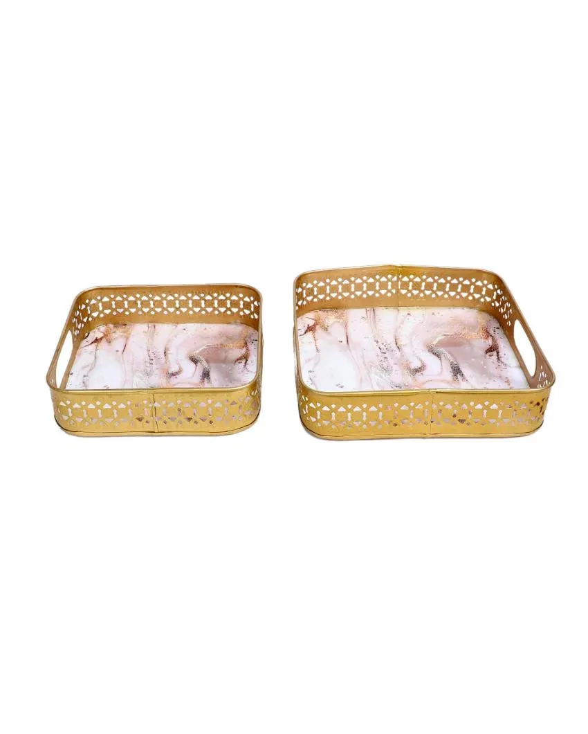 Pink & Gold Wavy Design Metal Tray | Set of 2