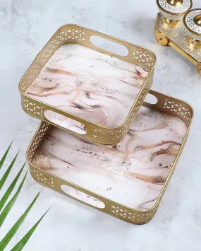 Pink & Gold Wavy Design Metal Tray | Set of 2