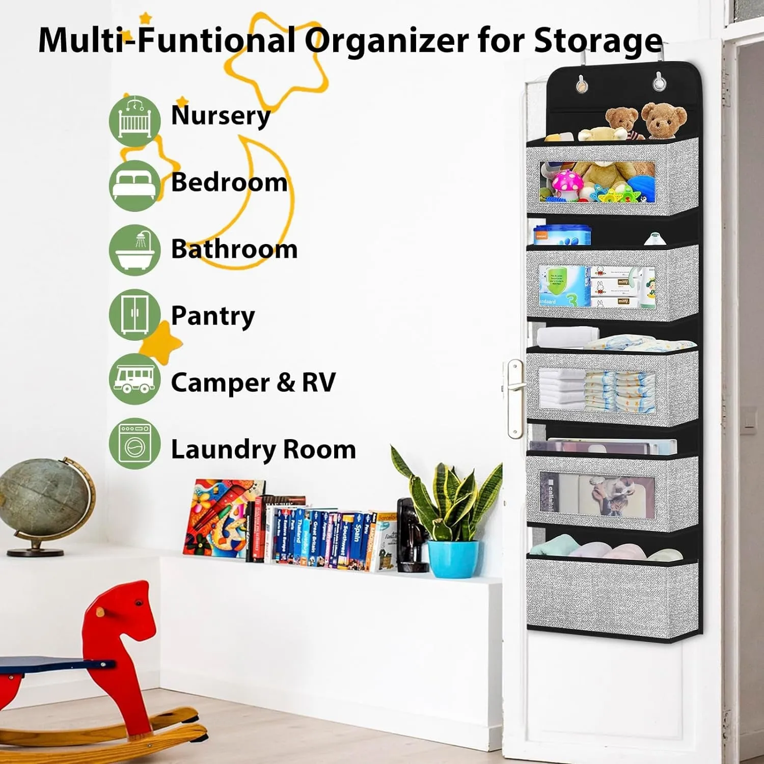 "Ultimate Door Hanging Organizer: 5 Spacious Pockets, Clear Windows, and Sturdy Hooks for Pantry, Nursery, Bathroom, Kitchen, Closet, and More (Grey)"