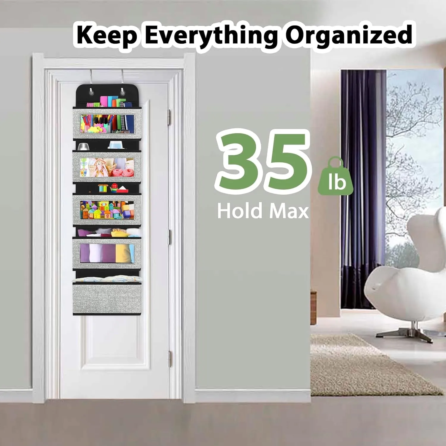 "Ultimate Door Hanging Organizer: 5 Spacious Pockets, Clear Windows, and Sturdy Hooks for Pantry, Nursery, Bathroom, Kitchen, Closet, and More (Grey)"