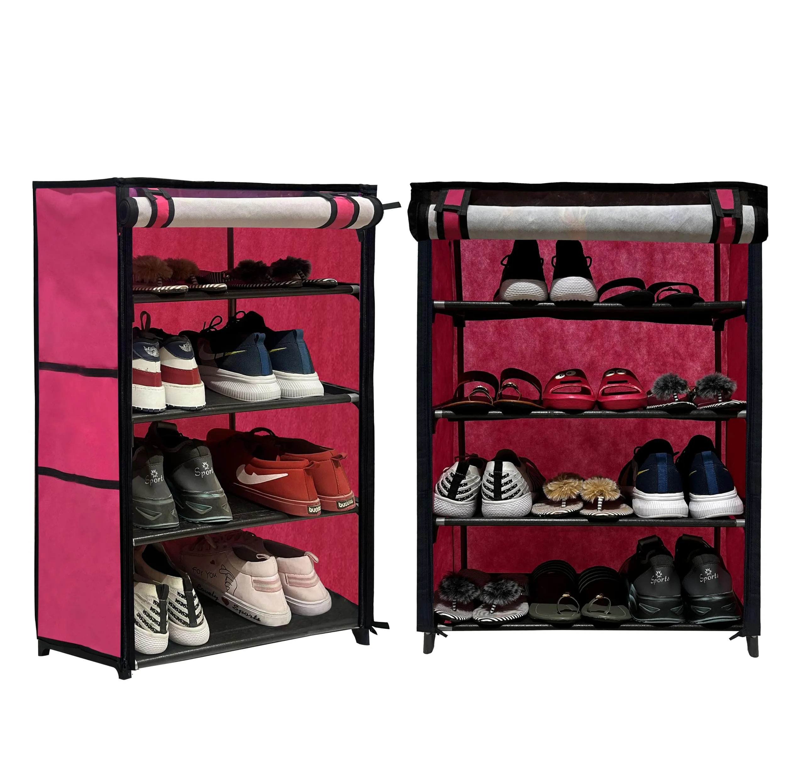 RAXON WORLD Multipurpose 4 Tier Shoe Rack with Dustproof Zip Cover, Multiuse Wide Space Storage Rack made by Non Woven Fabric for Footwear, Toys, Clothes, (4 Shelves) (Pink)