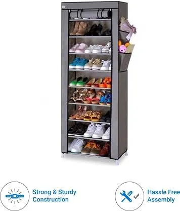 RAXON WORLD® Multipurpose Collapsible Shoe Rack Non-Woven Fabric Pipes 9 Layer Shelves with 100 GSM (Grey, Metal)