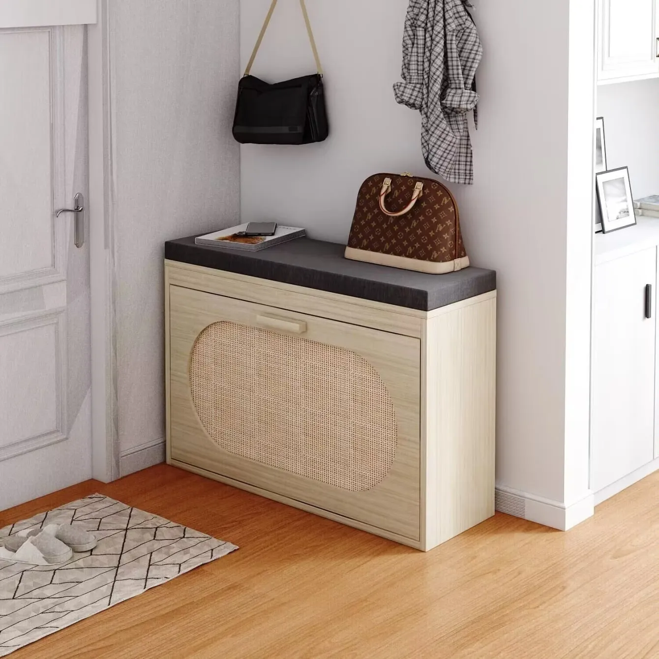 relaxed Rattan Shoe Rack Storage Organizer, Hallway Shoe Bench, Shoe Cabinet with Flip-Drawer, for Entryway Door