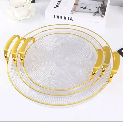 Round Acrylic Serving Trays With Golden Handles Set - 3 Pcs