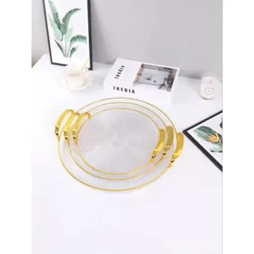 Round Acrylic Serving Trays With Golden Handles Set - 3 Pcs