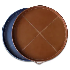 Round Leather Stitched Tray in Cognac and Navy