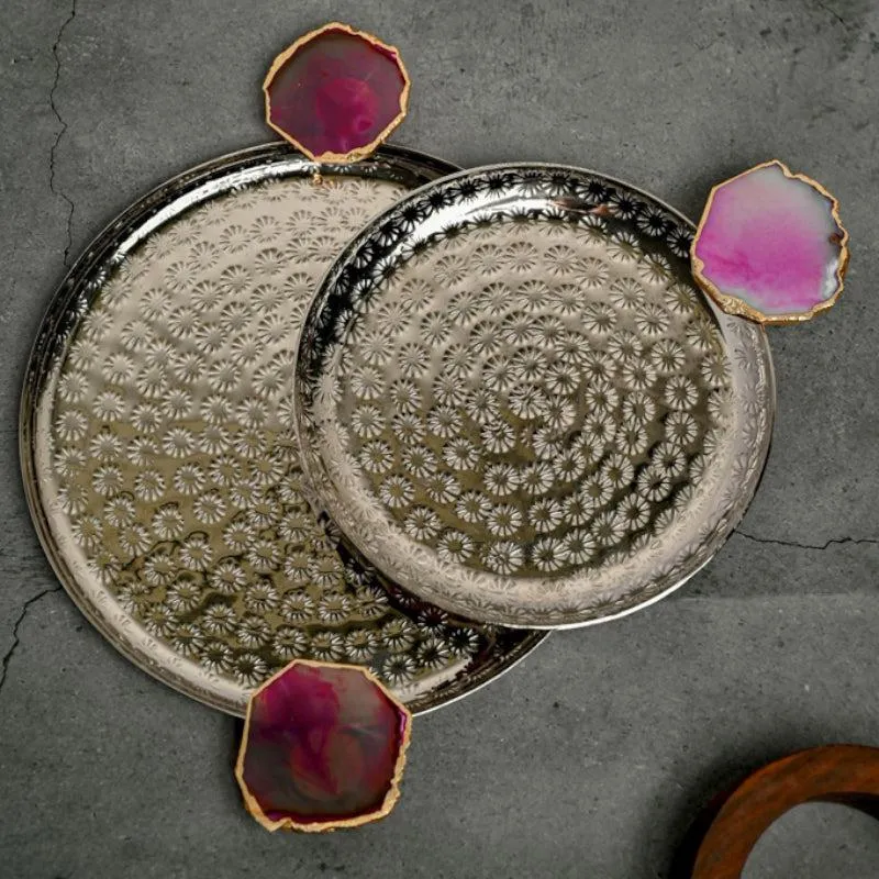 Samitha Aluminium Platter With Agate Decoration (Pink) - Set Of Two