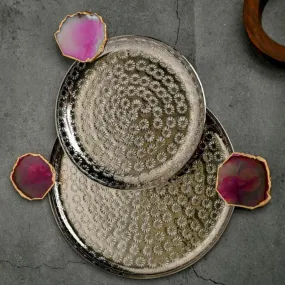 Samitha Aluminium Platter With Agate Decoration (Pink) - Set Of Two