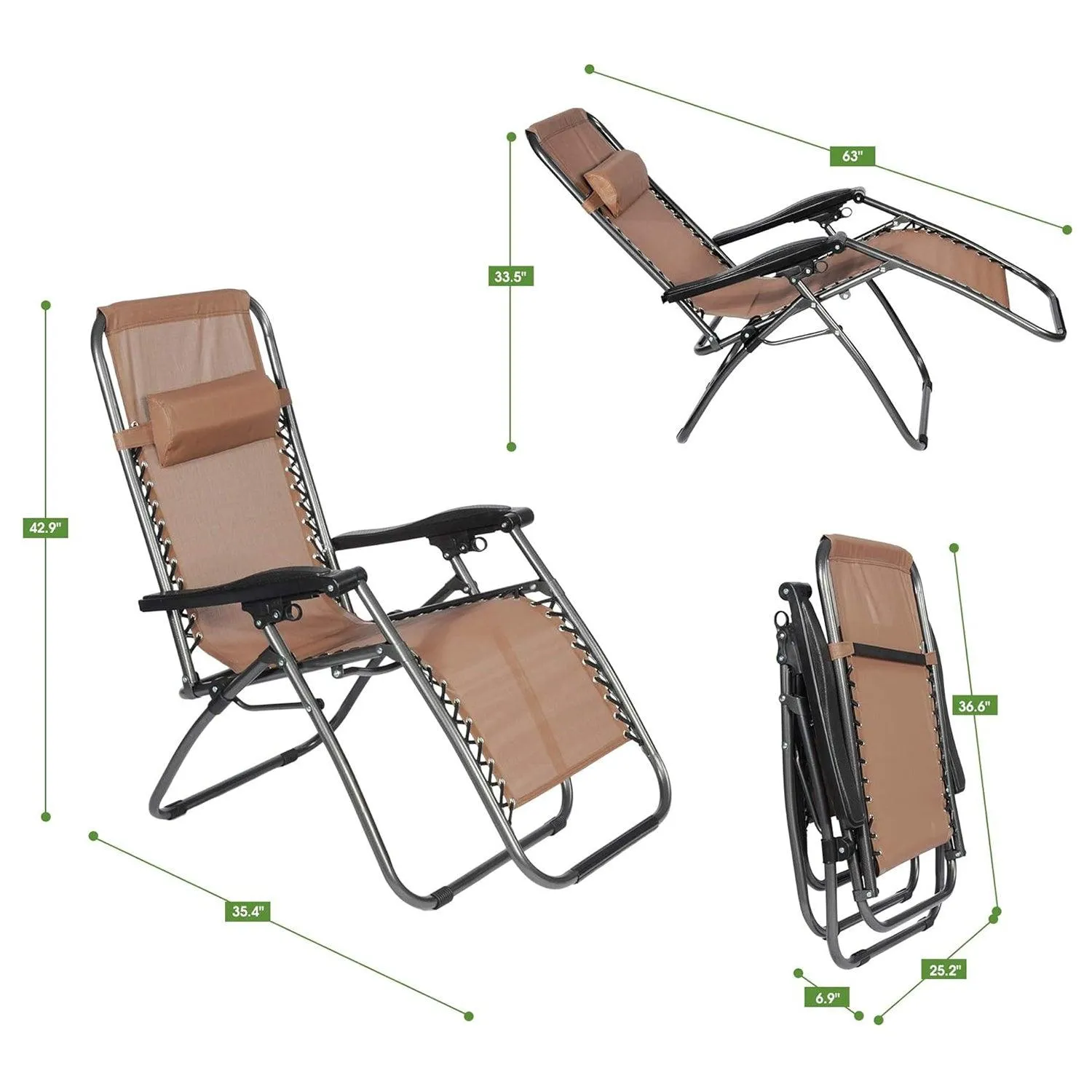 Set of 2 Adjustable Zero Gravity Chair, Folding Reclining Patio Lounge Chairs with Pillow, Brown