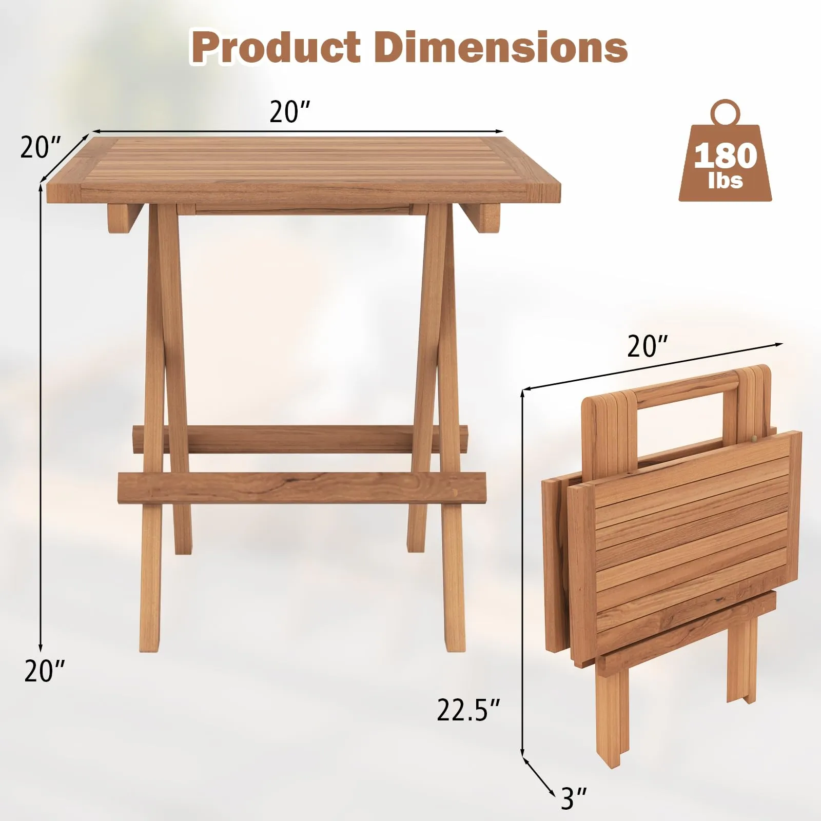 Tangkula Patio Folding Side Table, Teak Wood Square End Table with Slatted Tabletop