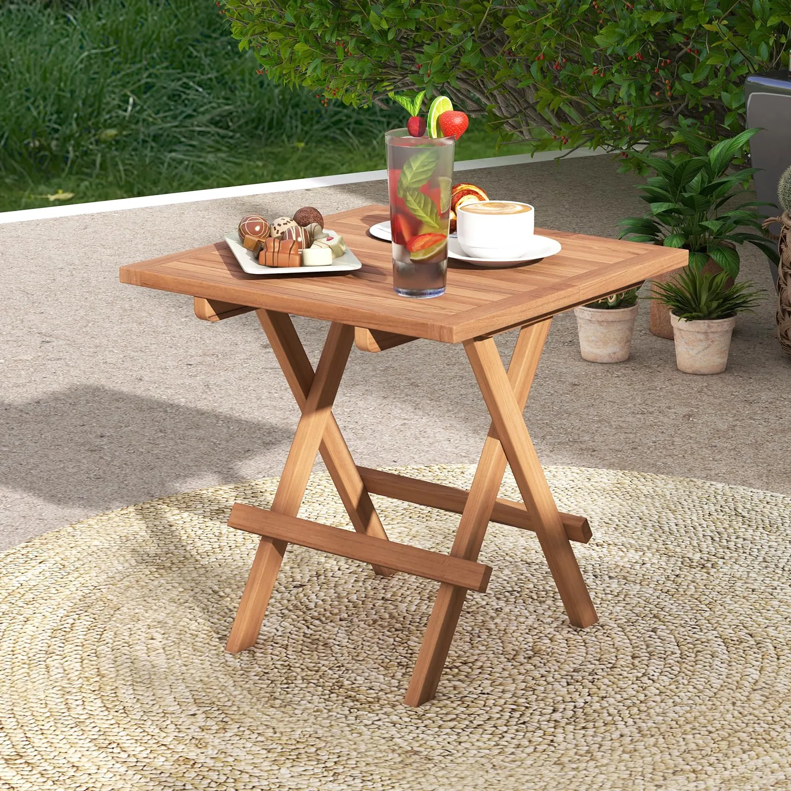 Tangkula Patio Folding Side Table, Teak Wood Square End Table with Slatted Tabletop