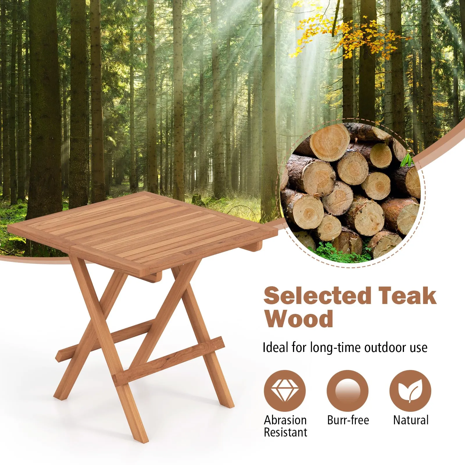 Tangkula Patio Folding Side Table, Teak Wood Square End Table with Slatted Tabletop