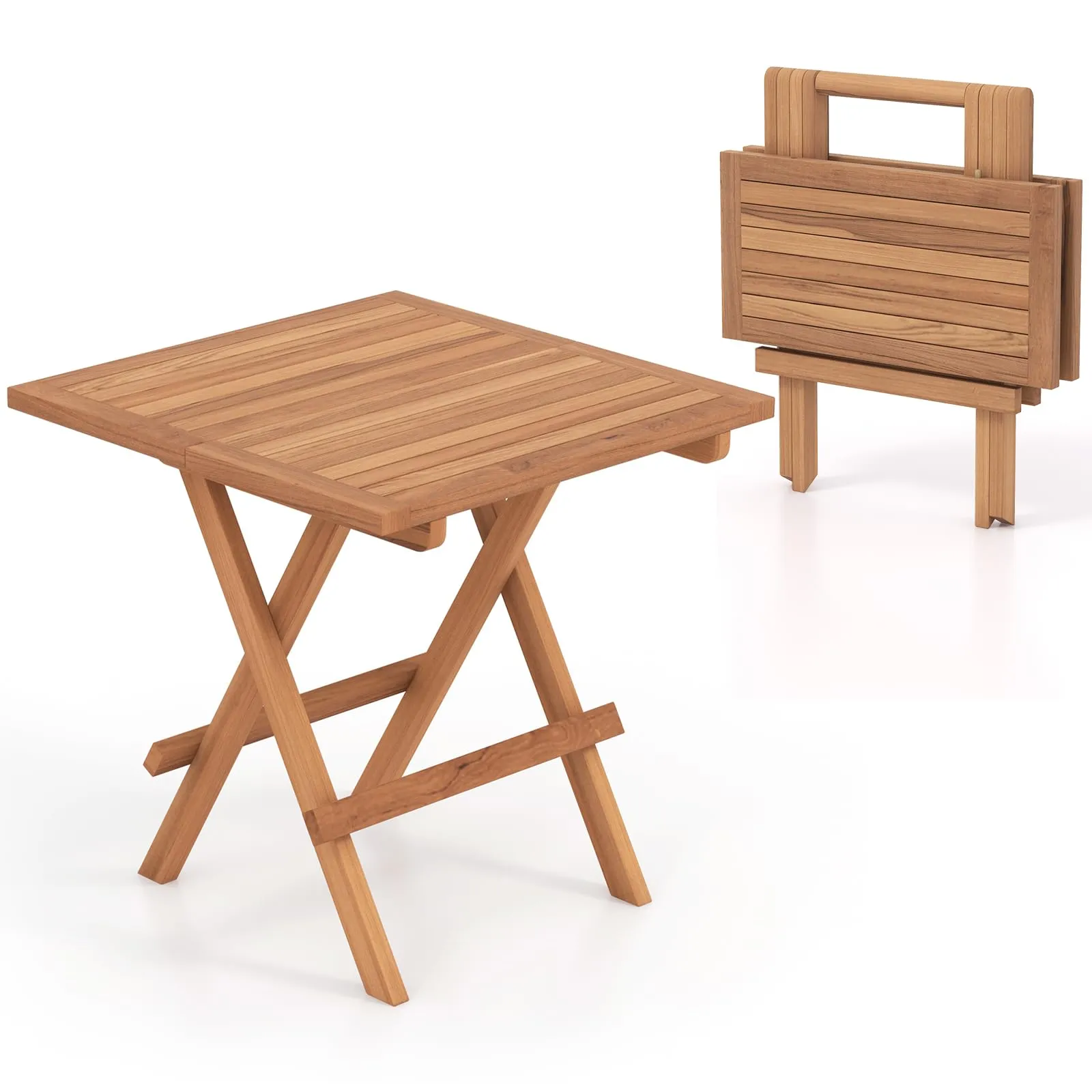 Tangkula Patio Folding Side Table, Teak Wood Square End Table with Slatted Tabletop