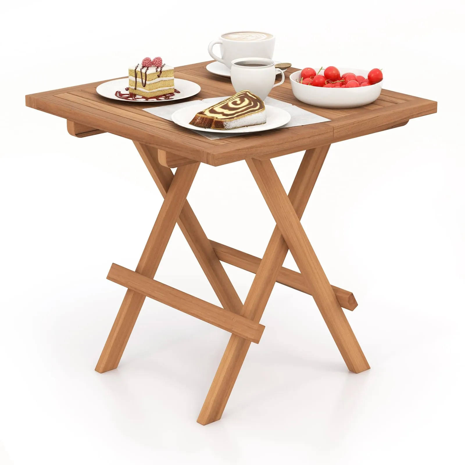 Tangkula Patio Folding Side Table, Teak Wood Square End Table with Slatted Tabletop