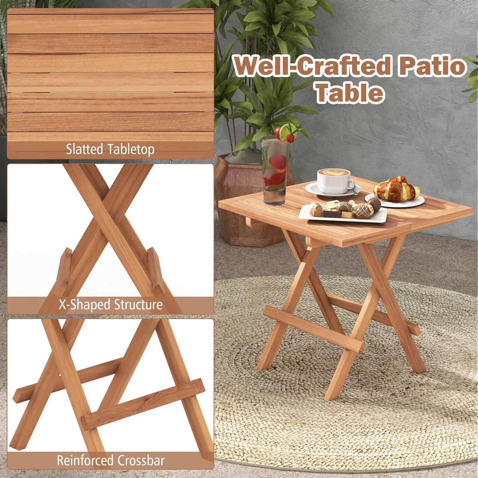 Tangkula Patio Folding Side Table, Teak Wood Square End Table with Slatted Tabletop