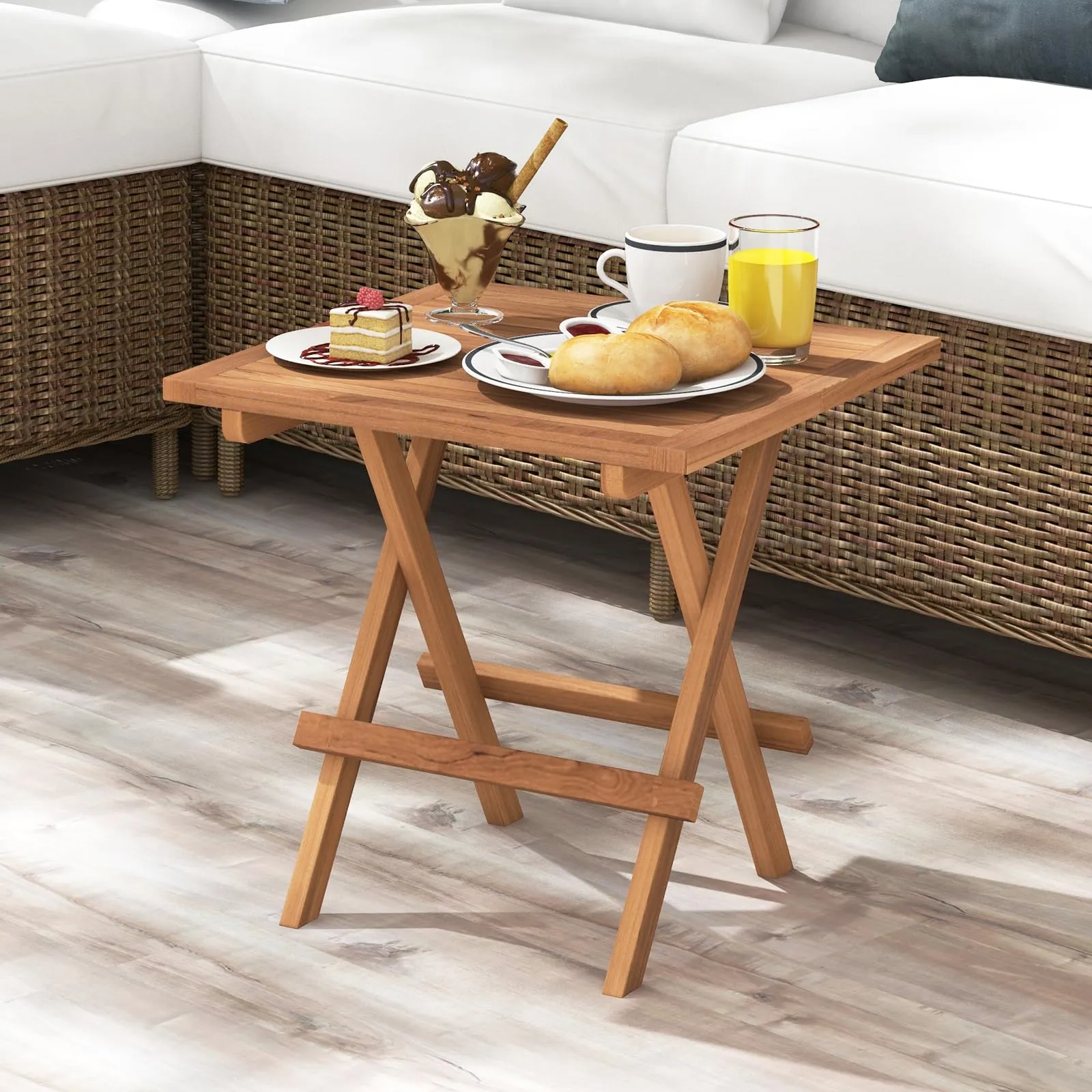 Tangkula Patio Folding Side Table, Teak Wood Square End Table with Slatted Tabletop