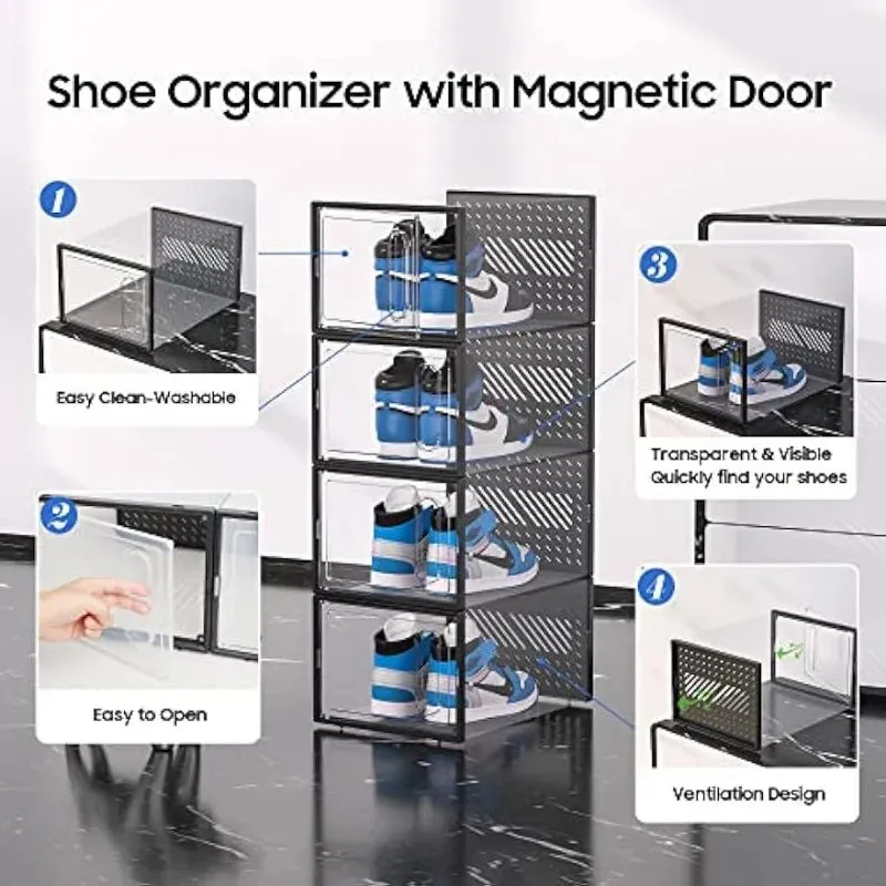 The Ultimate Shoe Storage Solution: Large Shoe Storage Box with Magnetic Door, 12 Pack Clear Plastic Stackable Sneaker Organizer, Connect Left