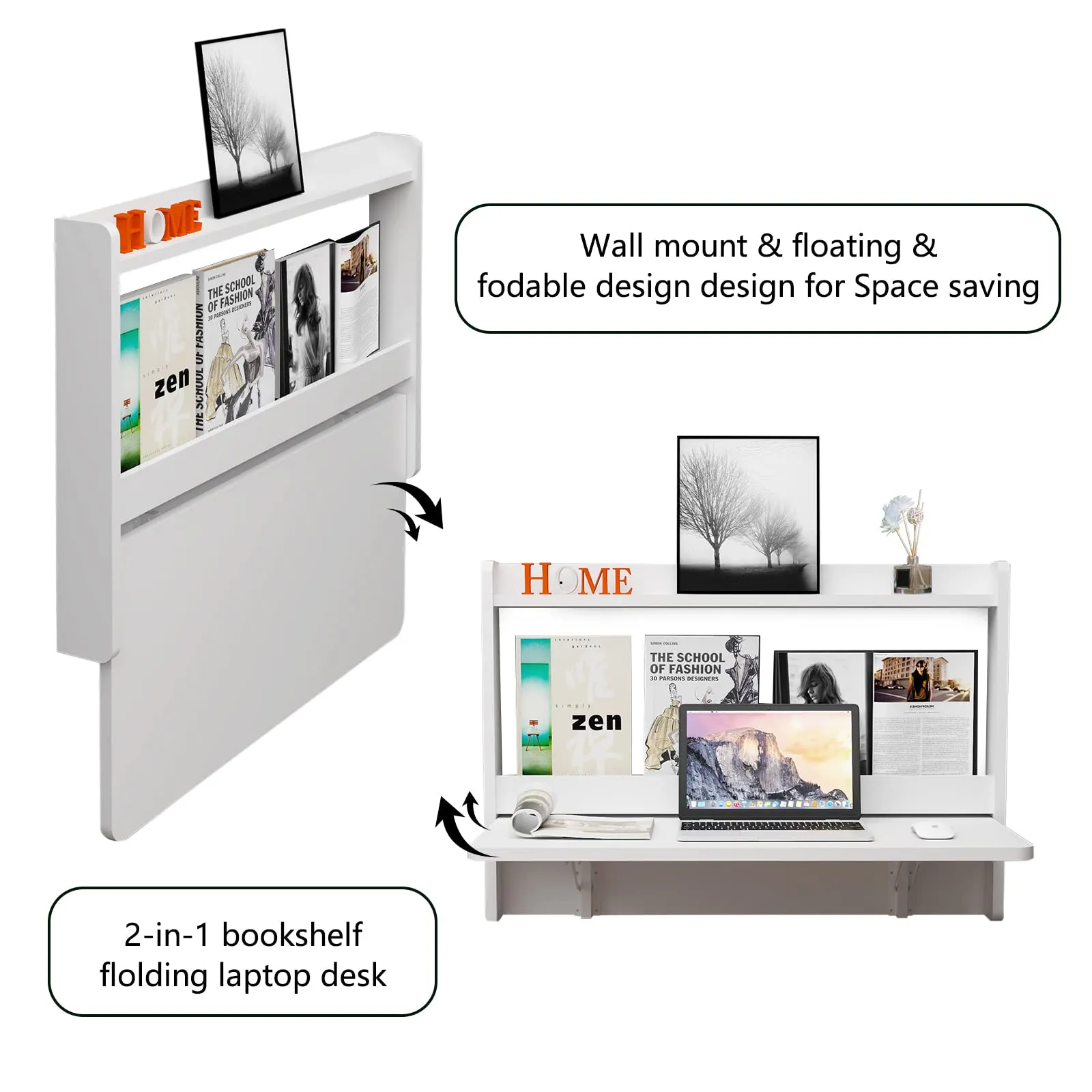 Wall Mounted Folding Desk with Top Storage Shelves