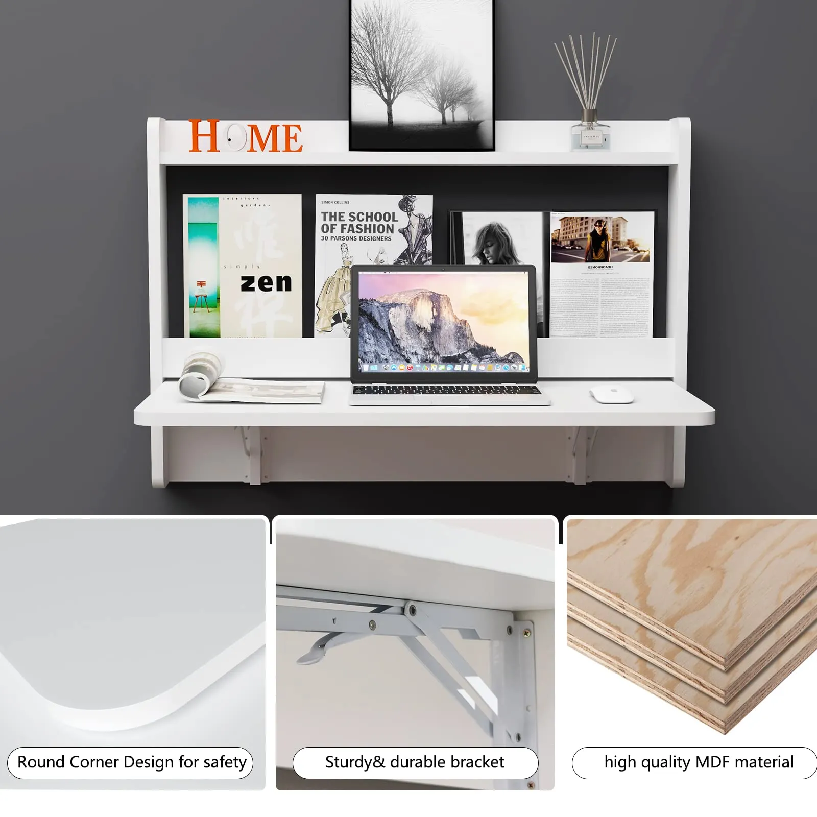 Wall Mounted Folding Desk with Top Storage Shelves